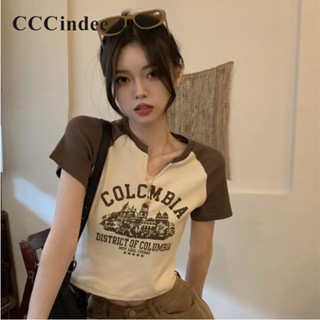 Cccindee เสื้อยืดลําลอง แขนสั้น คอวี พิมพ์ลาย ทรงสลิมฟิต แฟชั่นใหม่ สําหรับสตรี 2023