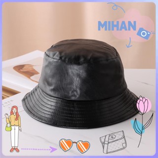 ☼MIHAN☼ Women Men Fisherman Cap Hiking Sun Caps PU Bucket Hat Waterproof Outdoor Hip-Hop Street Foldable Adjustable Leather/Multicolor