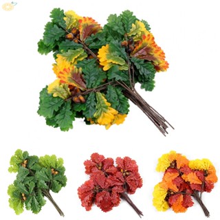 【VARSTR】Gummed Oak Leaves Fake Branches Glued Oak Fruit Leaf Plastic 12PCS/bundle