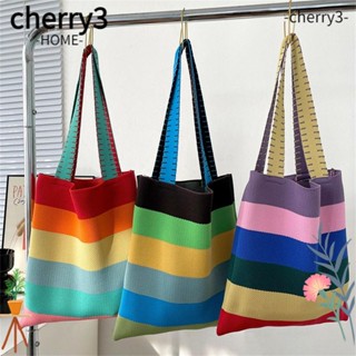 Cherry3 กระเป๋าถือ กระเป๋าสะพายไหล่ ผ้าถัก ใช้ซ้ําได้ สีรุ้ง สําหรับผู้หญิง