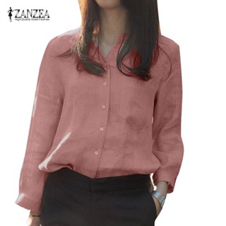 Zanzea เสื้อเชิ้ตแขนยาว คอวี ผ้าฝ้าย ผ้าลินิน สไตล์เกาหลี สําหรับผู้หญิง