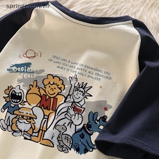 [springevenwell] เสื้อยืดลําลอง แขนสั้น คอกลม พิมพ์ลายการ์ตูน ทรงหลวม แฟชั่นฤดูร้อน สําหรับสตรี