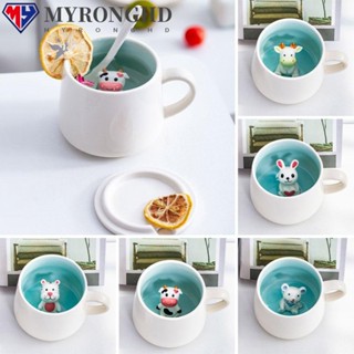 Myronghd แก้วกาแฟเซรามิค พร้อมฝาปิด รูปสัตว์ พร้อมช้อน สําหรับเด็ก