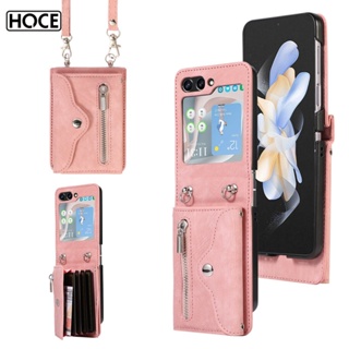 Hoce Zflip5 เคสโทรศัพท์มือถือหนัง กันกระแทก พร้อมช่องใส่บัตร และสายคล้อง สําหรับ Samsung Galaxy Z Flip 4 ZFlip3 Flip5