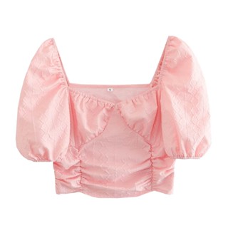 เสื้อเชิ้ต คอสี่เหลี่ยม แขนห้าส่วน จับจีบ ตัวสั้น 4607