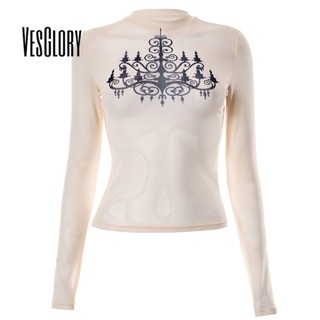 Vesglory เสื้อครอปท็อปแขนยาว คอกลม พิมพ์ลาย สีพื้น ทรงสลิมฟิต สไตล์สตรีท แฟชั่นสําหรับสตรี 2023