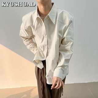 KYUSHUAD เสื้อแขนยาวเฉพาะอารมณ์หลวม, เสื้อเชิ้ตสีทึบสไตล์ตะวันตกระดับไฮเอนด์สำหรับผู้ชาย,