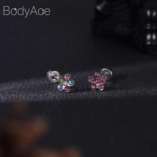 Bodyace 1 ชิ้น 3-8 มม. คริสตัล สกรู แบน ด้านหลัง ต่างหูสเตนเลส กระดูกอ่อน ต่างหูสตั๊ด ดอกไม้ ดาว หัวใจ ต่างหูสตั๊ด