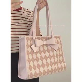 Sweet Bow Large Capacity Bag Womens Summer 2023 New Fashionable Plaid Tote Bag Student Class Underarm Bag