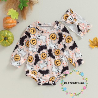 Babyclothes- ชุดรอมเปอร์แขนยาว พิมพ์ลายฟักทองผี พร้อมที่คาดผม สําหรับเด็กทารก 2 ชิ้น