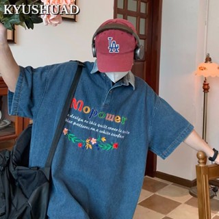 KYUSHUAD เสื้อโปโลสีทึบประจำวันที่ดูอ่อนเยาว์และเป็นที่นิยมสำหรับผู้ชาย เสื้อแขนห้าส่วนมาตรฐานอินเทรนด์