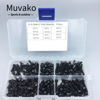 Muvako ชุดสกรูเมตริก โลหะผสมเหล็ก เกรด 12.9 หกเหลี่ยม สีดํา พร้อมกล่องเก็บ 6 8 12 16 20 มม. สําหรับเครื่องพิมพ์ DIY 310 ชิ้น