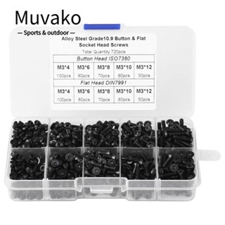 Muvako ชุดสกรูหัวแบน โลหะผสมเหล็ก เกรด 4 6 8 10 12 มม. 10.9 พร้อมกล่องเก็บ M3 สีดํา สําหรับซ่อมแซม 720 ชิ้น