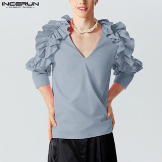 Incerun เสื้อยืดแขนสั้น คอวี แต่งระบาย สไตล์วินเทจ สําหรับผู้ชาย