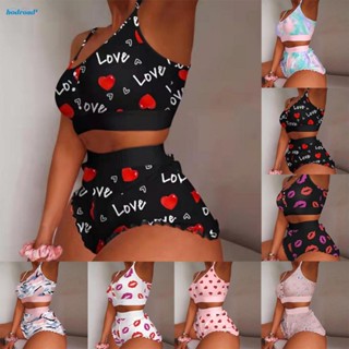 【HODRD】Ladies Fashion Print Pajamas Set Vest Bra Top and Short Sleepwear Nightwear【Fashion】