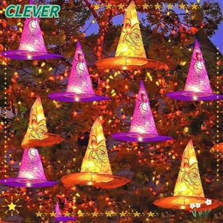 Clever หมวกแม่มด ผ้าโพลีเอสเตอร์ เรืองแสง สีม่วง สีส้ม สําหรับแขวนตกแต่งปาร์ตี้ฮาโลวีน ในร่ม กลางแจ้ง 8 ชิ้น