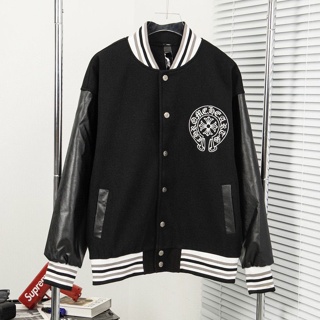 เสื้อแจ็กเก็ตเบสบอล ผ้าวูล ปักลายโลโก้ Chrome Hearts สําหรับผู้ชาย และผู้หญิง