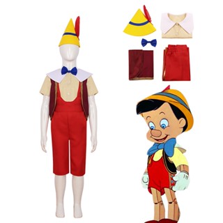 ขายดี Pinocchio ชุดเครื่องแต่งกายคอสเพลย์ เสื้อกล้าม กางเกง หมวก สําหรับเด็กผู้ชาย เหมาะกับวันฮาโลวีน