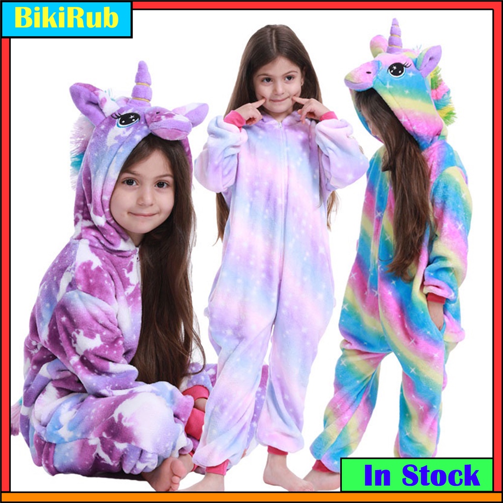 Kigurumi เด็กผู้หญิงเด็กการ์ตูนชุดนอนเด็ก Unicorn Stitch Pikachu Onesies สัตว์ Flannel ชุดนอน
