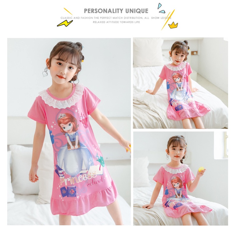【YAOEENH】90-150 ซม. เด็ก แขนสั้น ชุดนอน กลาง เด็กเล็ก เจ้าหญิง ชุดนอน ชุดบ้าน เด็กผู้หญิง ผ้าฝ้าย ระบายอากาศ ดูดซับเหงื่อ Re