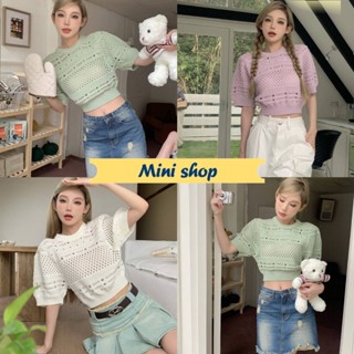 Mini shop🌸พร้อมส่ง🌸 (32156)  เสื้อถักไหมพรมแขนสั้น ครอปสั้นเบาๆน่ารัก ซีทรูเบาๆ