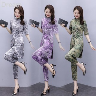 Single piece/suit womens casual fashion printing suit Western style slimming two-piece fashionable cropped pants