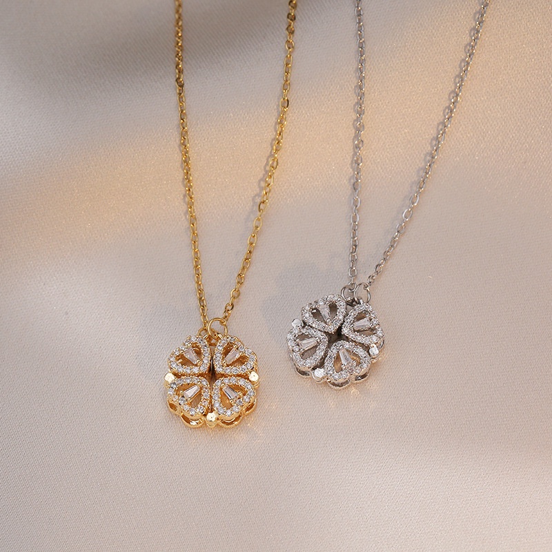 Yinuovo ไทเทเนียมเหล็ก Four-Leaf Clover Zircon สร้อยคอแม่เหล็กเพชร Studded Heart จี้เปิดและปิดสร้อยคอหลายสวมใส่