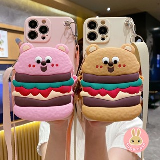 เคสโทรศัพท์มือถือ ซิลิโคนนิ่ม TPU ลายหมีแฮมเบอร์เกอร์ คุกกี้น่ารัก พร้อมสายคล้อง มีซิป และกระเป๋าสตางค์ สําหรับ Huawei Mate 50 40 30 20 10 9 Pro 20X Nova 10 SE