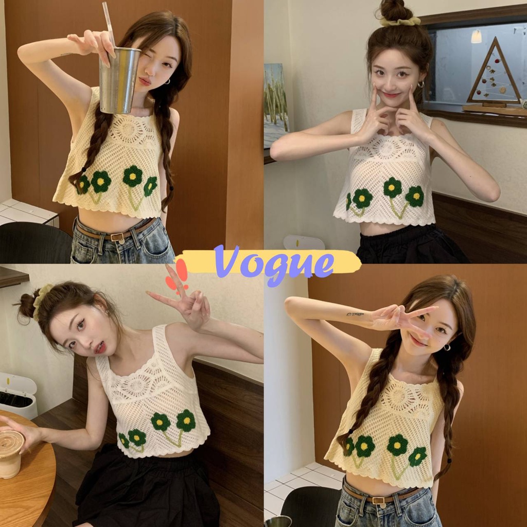 Vogue พร้อมส่ง เสื้อถักไหมพรม ลานดอกไม้สีเขียวน่ารักมาก (9256) -C
