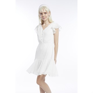 EP เดรสผ้าชีฟองแต่งระบาย ผู้หญิง สีงาช้าง | Clip Dot Chiffon Blouse with Ruffle Detail | 4553