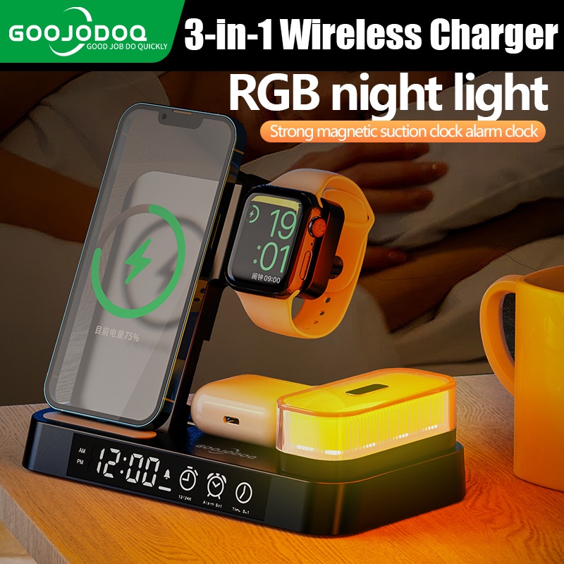 GOOJODOQ  5 in 1 แท่นชาร์จหูฟังไร้สาย พร้อมนาฬิกาปลุก และไฟกลางคืน สําหรับ iPhone Watch