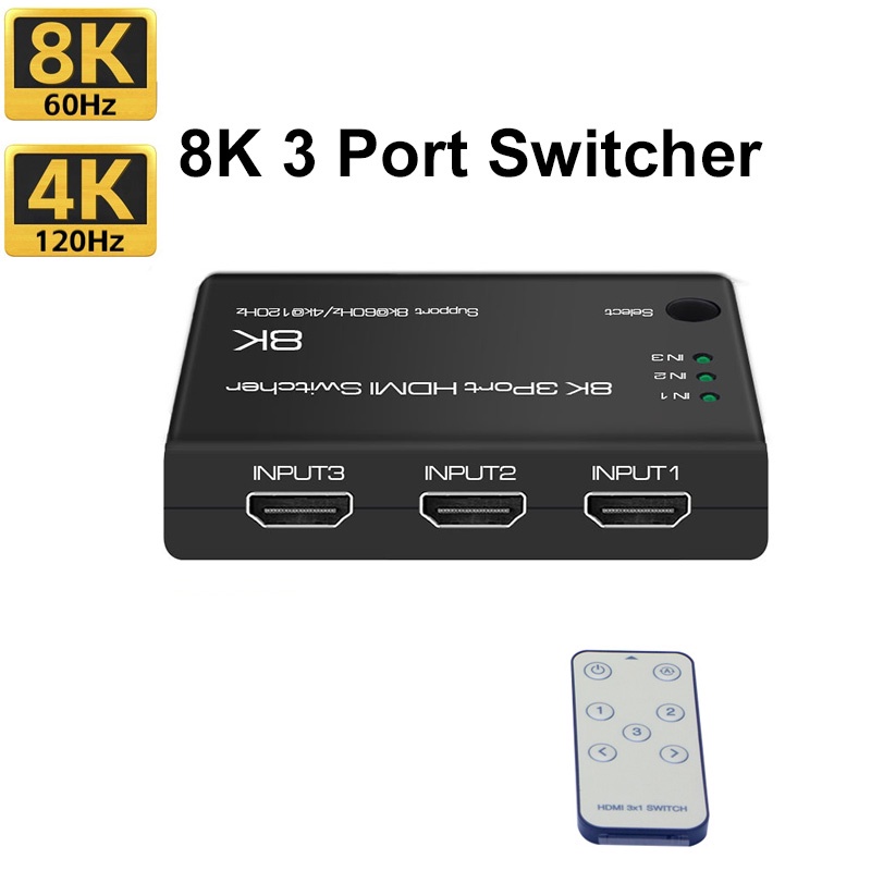 8k 60hz HDMI2.1 สวิทช ์ 3D HDR 3x1 HDMI Switcher Audio Video Converter 1080p 4k 120hz จอแสดงผลสําหรับ PS4 PS5 กล ่ องทีวี Xbox เครื ่ องเล ่ นเกมแล ็ ปท ็ อป PC Switch To TV Monitor โปรเจคเตอร ์