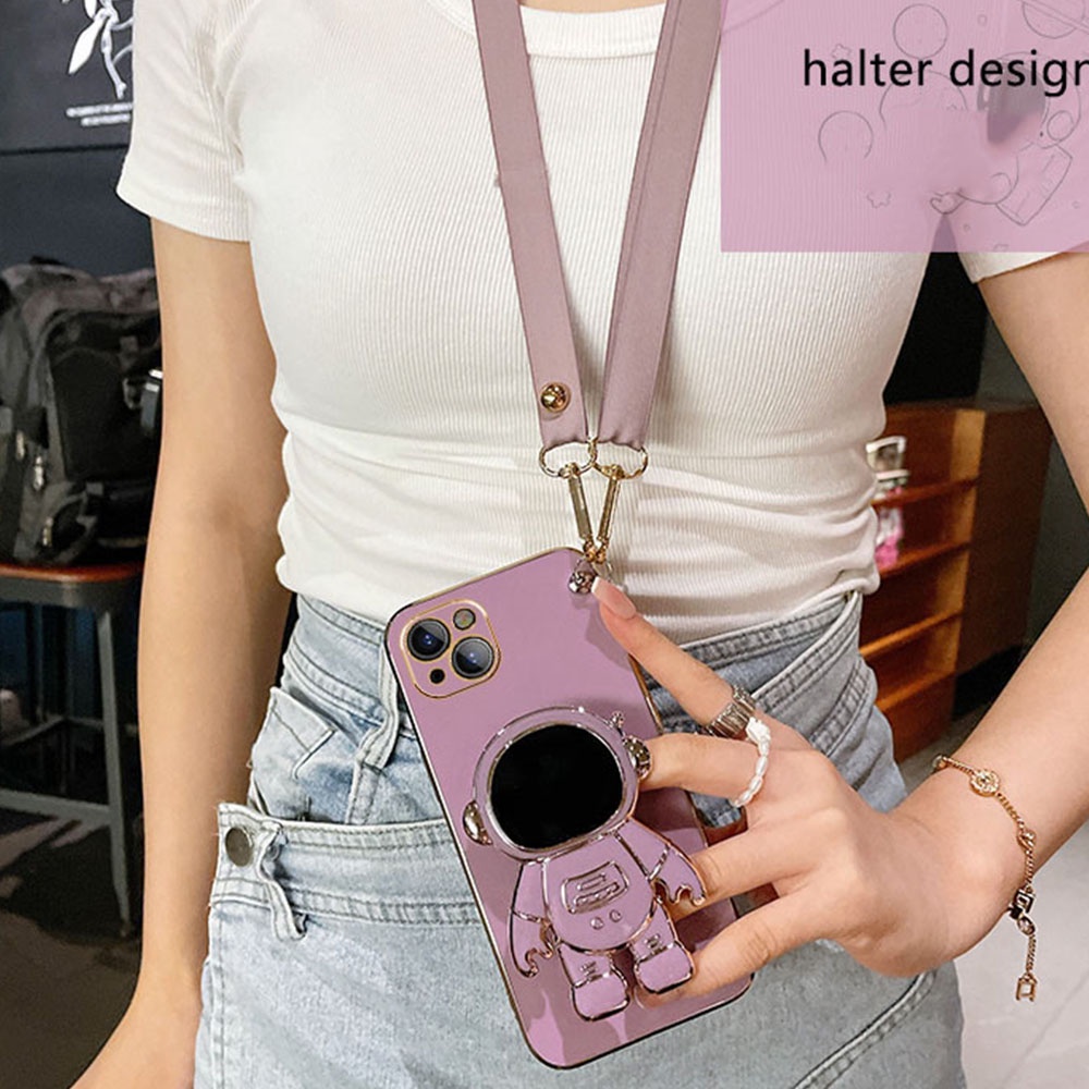 เคส iPhone 7 plus 8 plus 13 Pro iPhone 14 11 12 13 Pro Max XR XS Max โทรศัพท์มือถือ กันกระแทก ลายนักบินอวกาศ 6D พร้อมสายคล้อง และขาตั้ง พับได้ สําหรั
