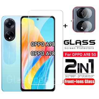 2 In 1 ฟิล์มกระจกนิรภัยกันรอยหน้าจอ 9H HD ป้องกันเลนส์กล้อง ด้านหลัง สําหรับ Oppo A 98 A98 A95 A93 A78 A77s A77 A74 A57 A55 A54 5G 4G 2023