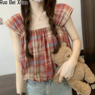 Ruo Bei Xuan เสื้อกั๊กใหม่ของผู้หญิงเวอร์ชั่นเกาหลีจับคู่สไตล์ต่างประเทศลายสก๊อตแขนสั้นหวานสาวร้อนอารมณ์หลวมและบางด้านบน