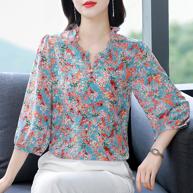 มาใหม่ เสื้อชีฟอง แขน 3/4 ลําลอง ลายดอกไม้ หรูหรา ขนาดใหญ่ แฟชั่นสําหรับผู้หญิง