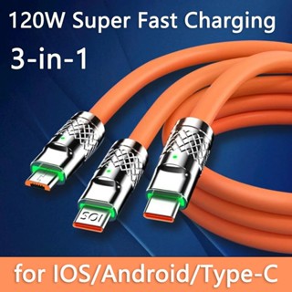 3 in1 6A 120W Type C สายชาร์จข้อมูล Micro USB สําหรับ iPhone Samsung Huawei Xiaomi โทรศัพท์ ซิลิโคนเหลว สายชาร์จ USB