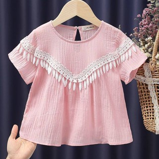 (90-140) เสื้อยืดแขนสั้น ผ้าฝ้าย ผ้าลินิน ทรงหลวม แต่งพู่ สีพื้น สําหรับเด็กผู้หญิง อายุ 1-10 ปี