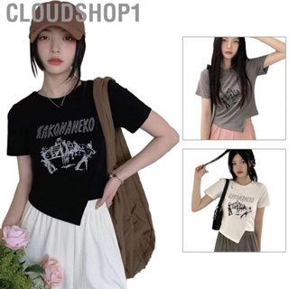 Cloudshop1 Women Summer Top  Printed Summer T Shirt Soft Skin Friendly Round Neck Irregular Hem  for Office