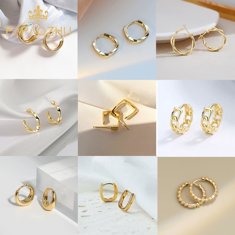 Papaozhu ต่างหูห่วง ทรงกลม เรขาคณิต ทอง 14K ป้องกันการแพ้ เครื่องประดับ สําหรับผู้หญิง