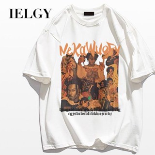 IELGY เสื้อยืดแขนสั้น ทรงหลวม พิมพ์ลายตัวอักษร สไตล์ฮิปฮอป ยุโรป และอเมริกา