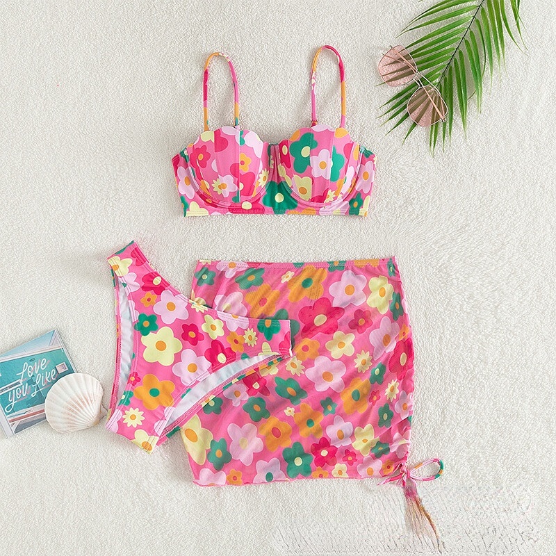 พร้อมส่งในไทย Bikini ชุดว่ายน้ำบราบิกินี่ลายดอก ทะเล ชุดว่ายน้ำสามชิ้น