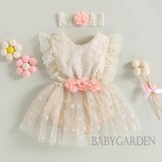 Babygarden-0-24 เดือน ชุดรอมเปอร์ แขนกุด ลูกไม้ เปิดหลัง พร้อมที่คาดผม สําหรับเด็กผู้หญิง