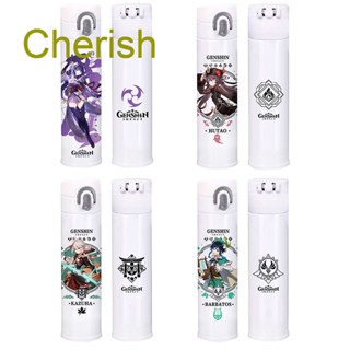 Cherish ขวดน้ําสเตนเลส ลายการ์ตูนอนิเมะ Genshin Impact น่ารัก ขนาด 400 มล. พร้อมหลอดดูด กันรั่วซึม สําหรับเด็ก