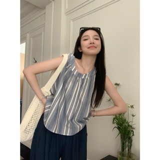 Suxi เสื้อกล้ามลําลอง แขนกุด คอยู ทรงหลวม ลายทาง สีฟ้า และสีขาว สไตล์เกาหลี