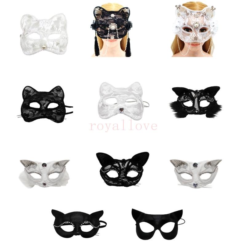 Royal Foxes หน้ากากคอสเพลย์ แบบครึ่งหน้า แต่งลูกไม้ รูปการ์ตูนแมว สุนัขจิ้งจอก สไตล์ญี่ปุ่น สําหรับผู้หญิง