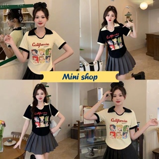 Mini shop🌸พร้อมส่ง🌸 (89072) เสื้อไหมพรมคอปก คอวีแขนสั้น ลายเสื้อ การ์ตูนเจ้าหญิง "" -C