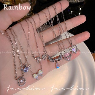 【Rainbow】สร้อยคอโซ่ ชุบเงิน ประดับเพทาย รูปผีเสื้อ สไตล์เกาหลี สําหรับผู้หญิง