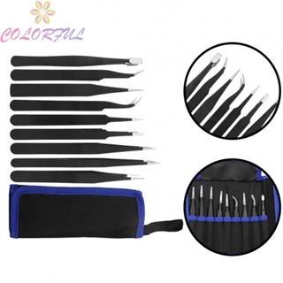 【COLORFUL】Tweezer Tweezers 9pcs/set Anti-magnetic Anti-static Paint Precision Curved