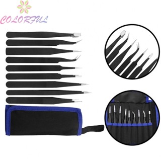 【COLORFUL】Tweezer Tweezers 9pcs/set Anti-magnetic Anti-static Paint Precision Curved